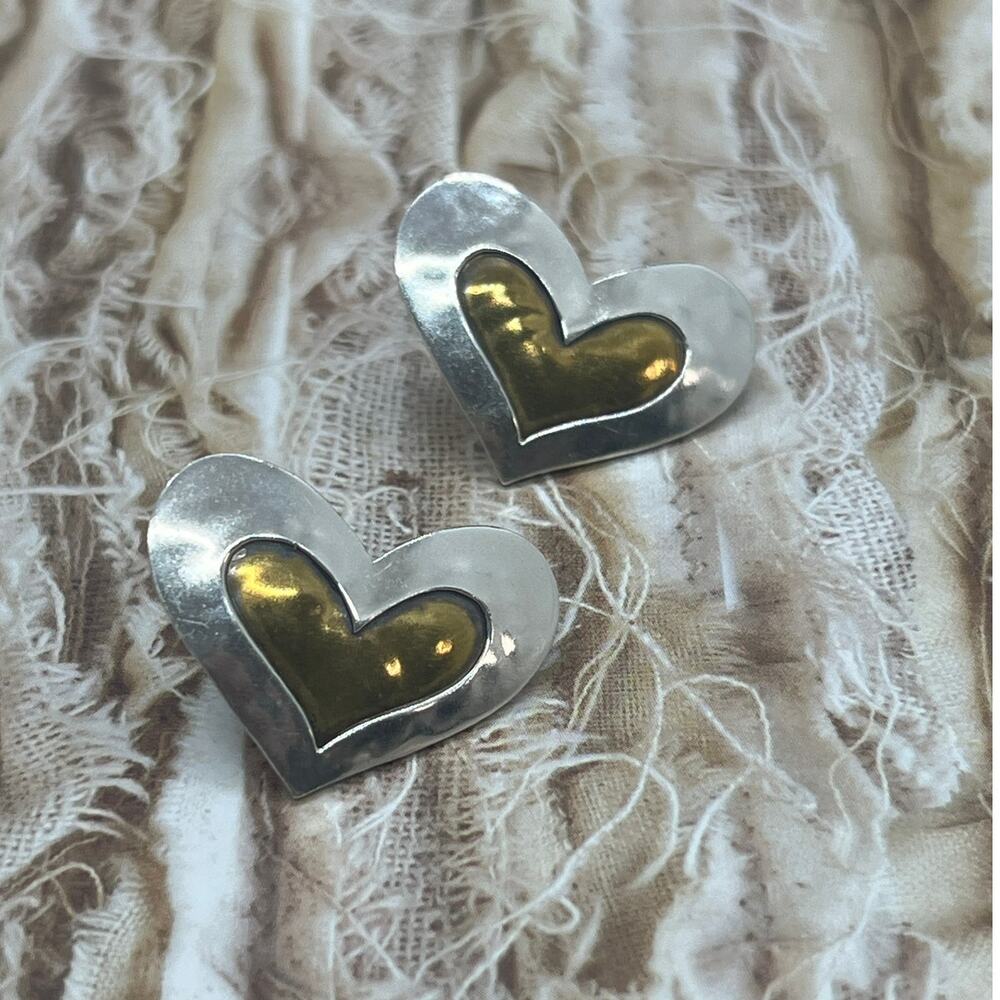 Vintage Jeep Collins Brass Sterling Hammered Heart Earrings